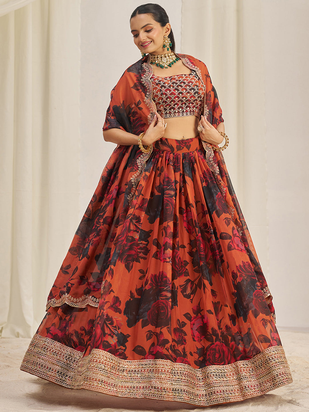 PrettyÃ‚Â Orange Sequins Organza Engagement Wear Lehenga Choli