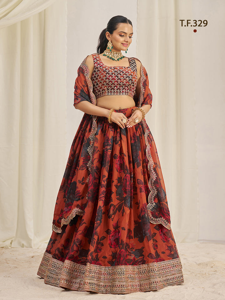 Women Floral Print Flared Lehenga Choli | Semi-Stitch with Dupatta