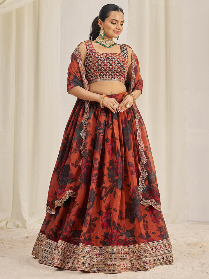 PrettyÃ‚Â Orange Sequins Organza Engagement Wear Lehenga Choli