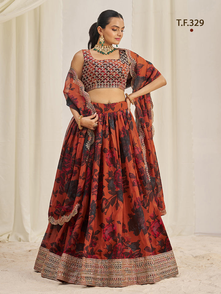 Women Floral Print Flared Lehenga Choli | Semi-Stitch with Dupatta