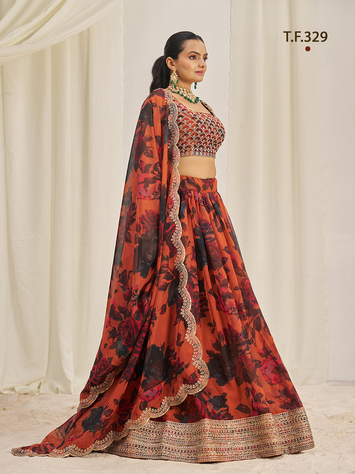 Women Floral Print Flared Lehenga Choli | Semi-Stitch with Dupatta