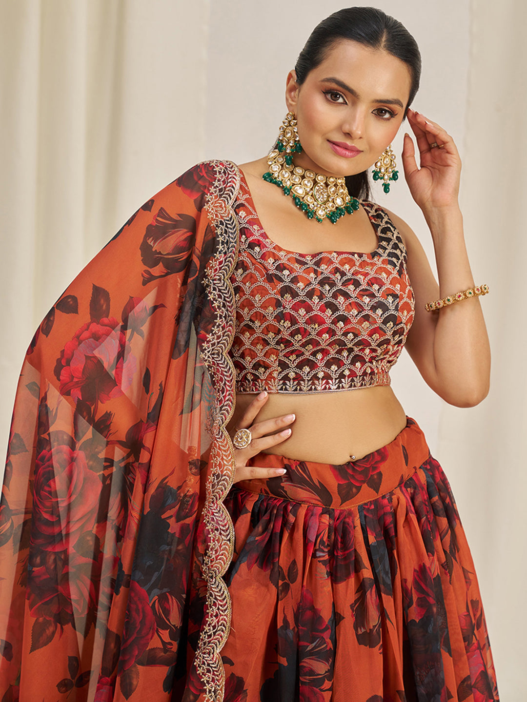 PrettyÃ‚Â Orange Sequins Organza Engagement Wear Lehenga Choli