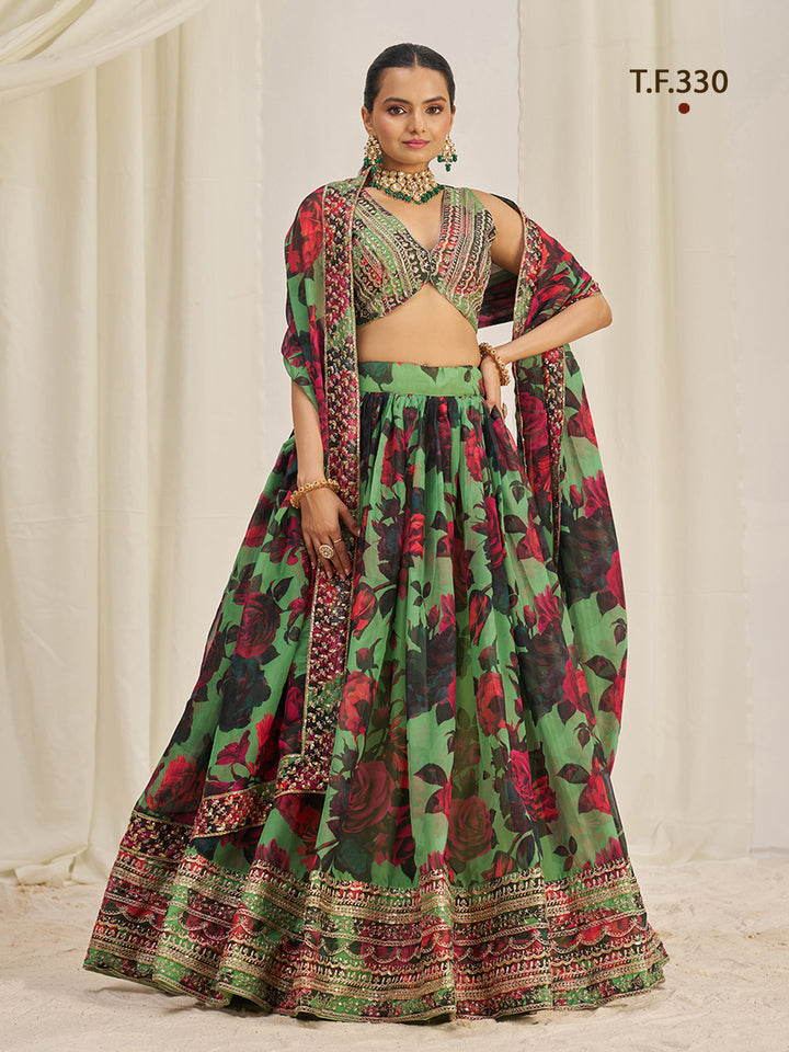 Women Floral Print Flared Lehenga Choli | Semi-Stitch with Dupatta