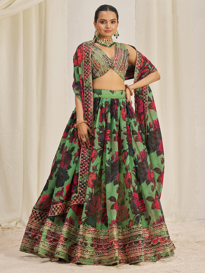 Stunning Light Green Printed Organza Event Wear Lehenga Choli