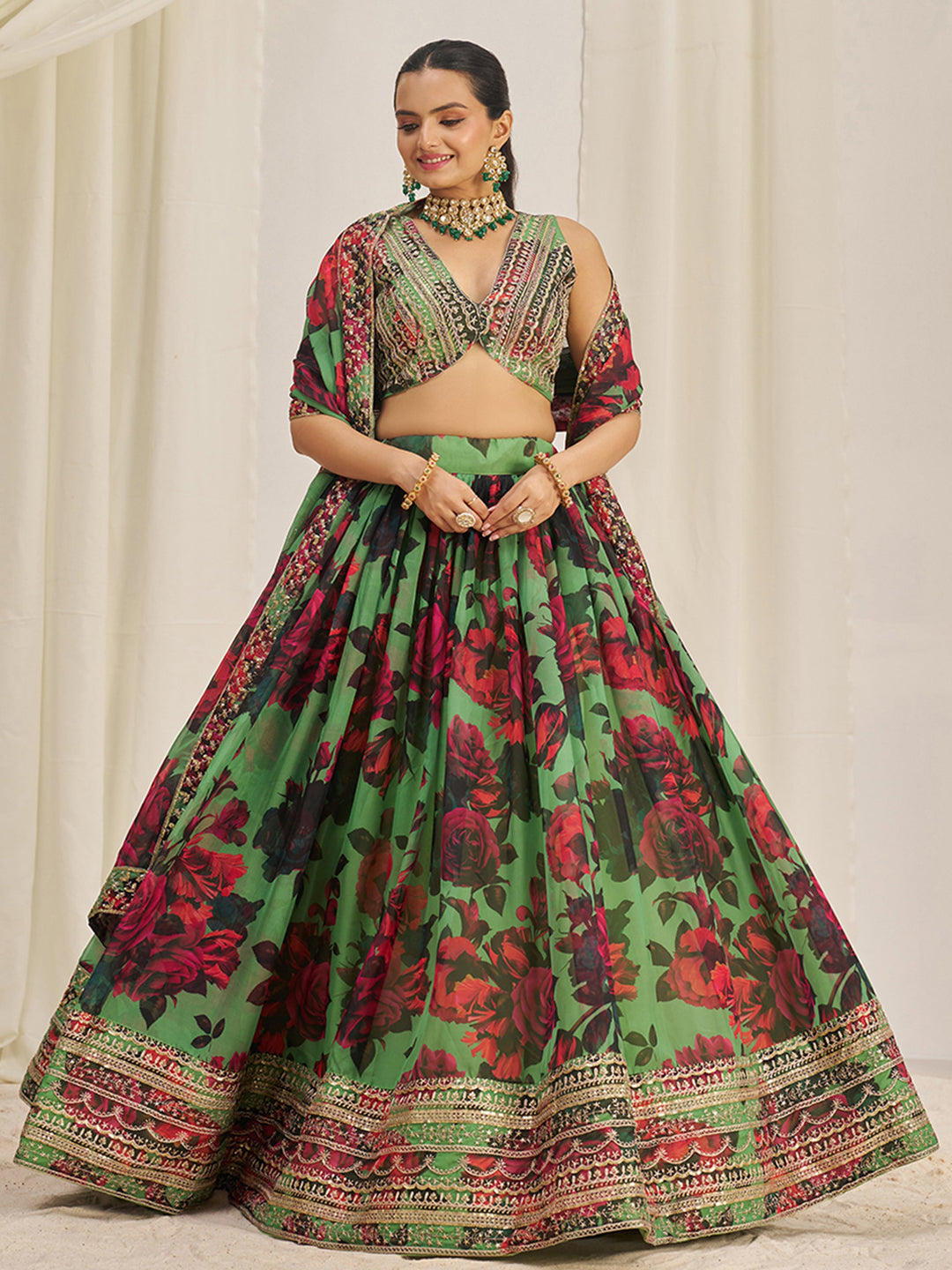 Stunning Light Green Printed Organza Event Wear Lehenga Choli