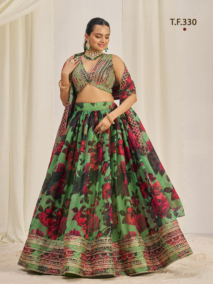 Women Floral Print Flared Lehenga Choli | Semi-Stitch with Dupatta