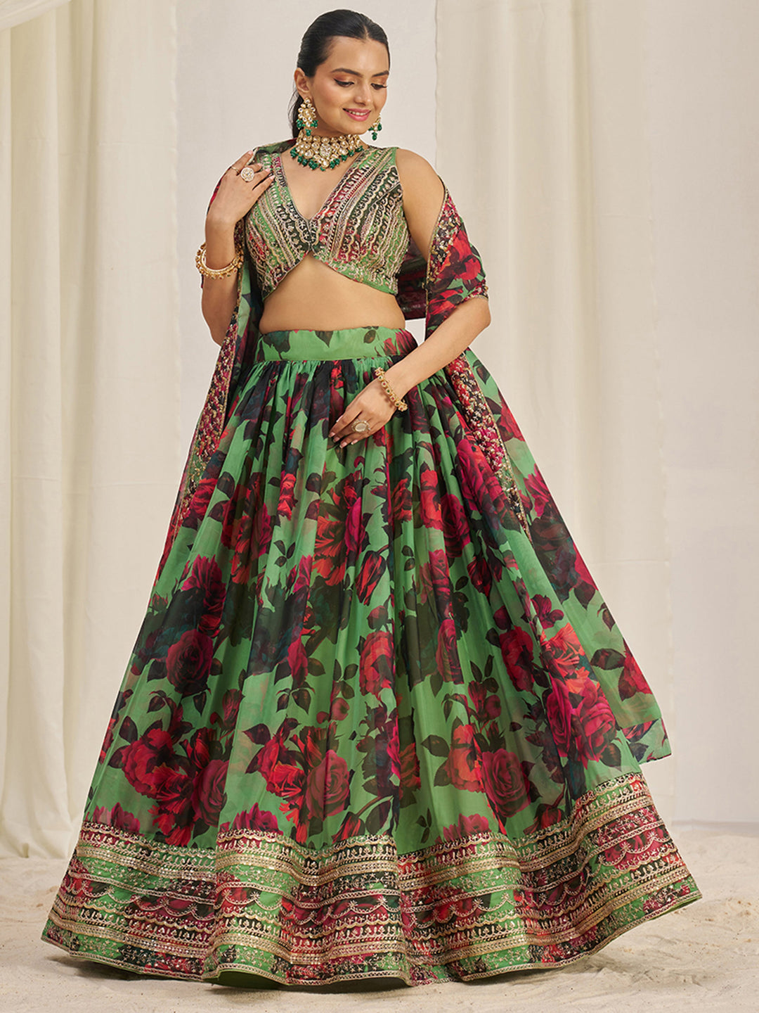 Stunning Light Green Printed Organza Event Wear Lehenga Choli