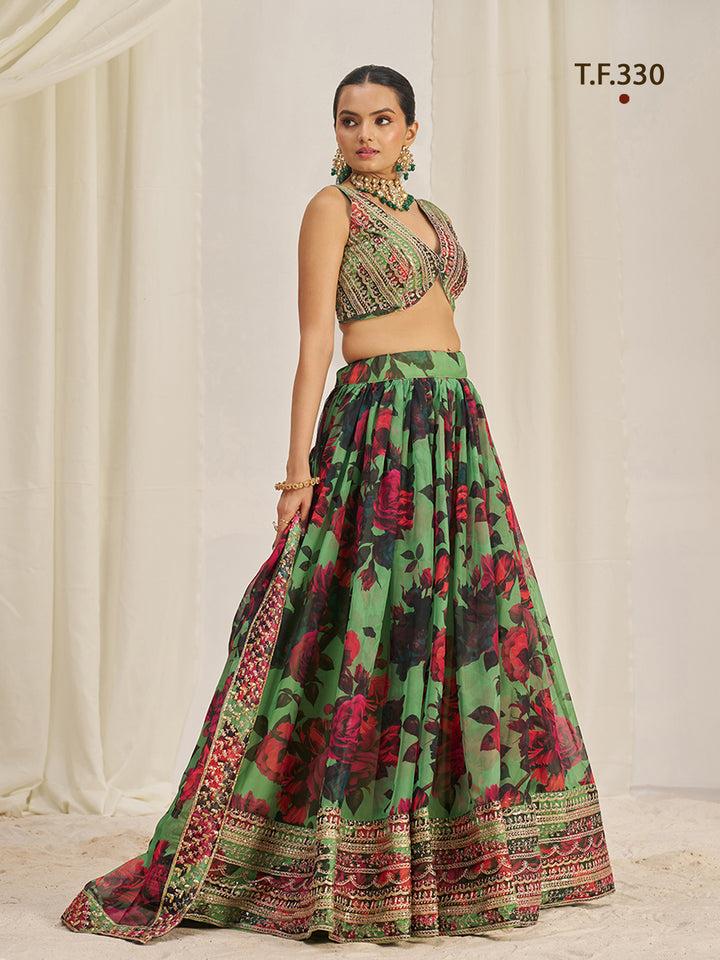 Women Floral Print Flared Lehenga Choli | Semi-Stitch with Dupatta