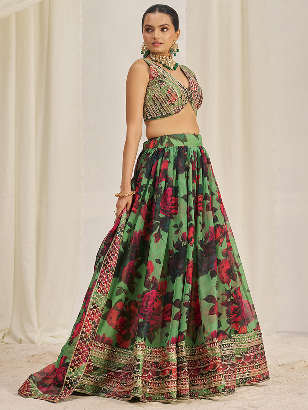 Stunning Light Green Printed Organza Event Wear Lehenga Choli