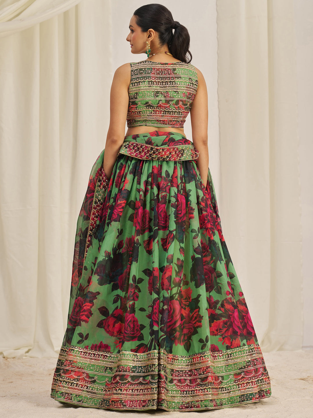 Stunning Light Green Printed Organza Event Wear Lehenga Choli