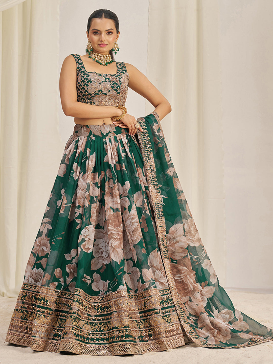 IncredibleÃƒâ€šÃ‚Â Green Sequins Organza Mehendi Wear Lehenga Choli