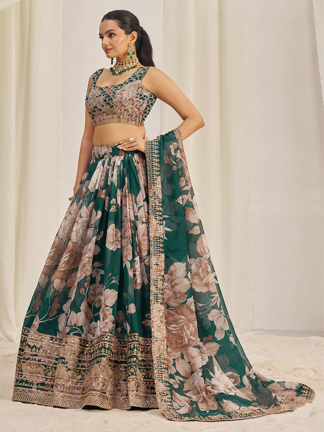 IncredibleÃƒâ€šÃ‚Â Green Sequins Organza Mehendi Wear Lehenga Choli