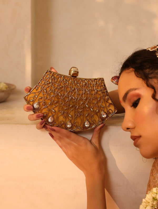 Nitya Intricate Embellished Brass Clutch | Timeless Beauty Evening Bag