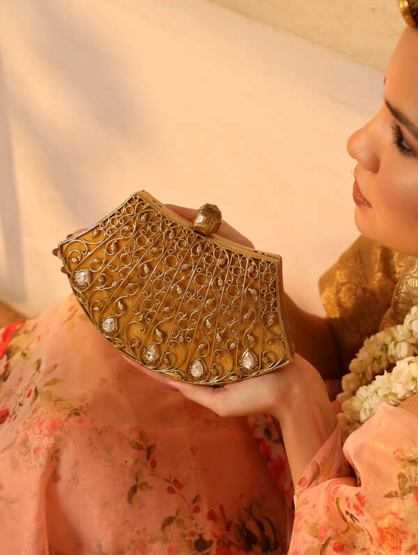 Nitya Intricate Embellished Brass Clutch | Timeless Beauty Evening Bag