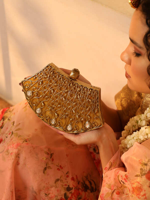 Nitya Intricate Embellished Brass Clutch | Timeless Beauty Evening Bag