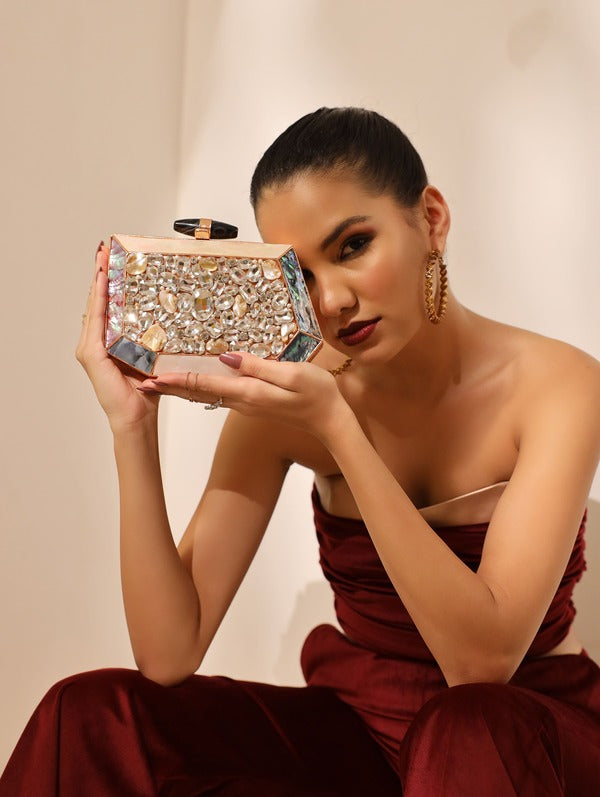 Hannah Embellished Mother of Pearl Clutch | Elegant Evening Bag for Events