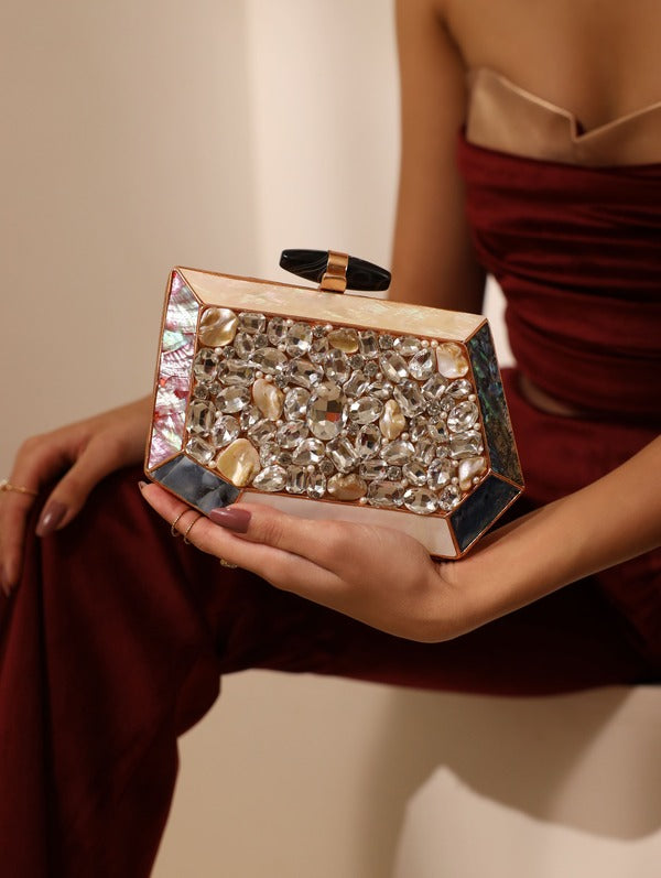 Hannah Embellished Mother of Pearl Clutch | Elegant Evening Bag for Events