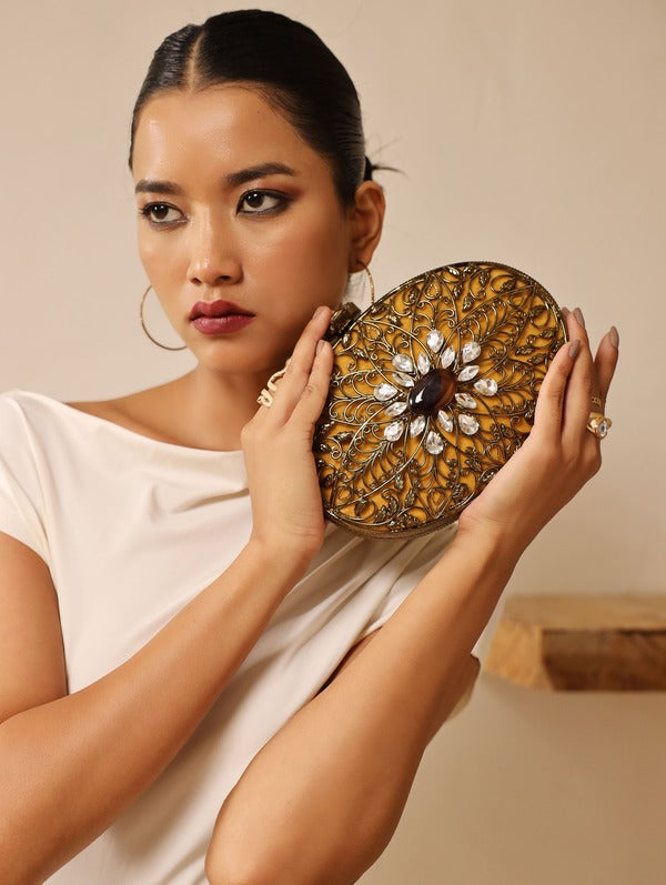 Mirza Intricate Brass Clutch | Embellished Statement Bag for Events