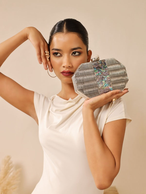 Misha Silver Mother of Pearl Clutch | Elegant Designer Evening Bag