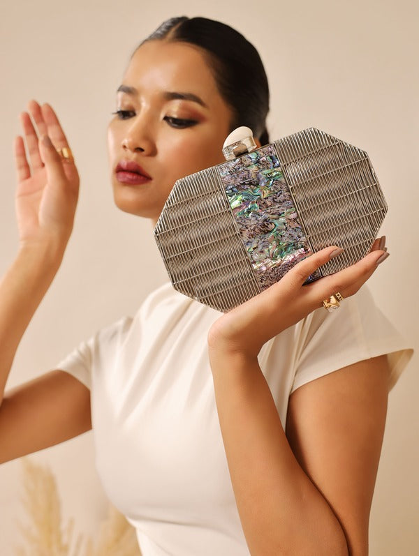 Misha Silver Mother of Pearl Clutch | Elegant Designer Evening Bag