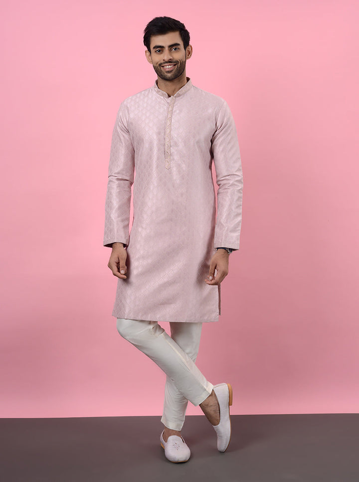 Elegant pink embroidered kurta pajama, crafted for USA men’s festive occasions.