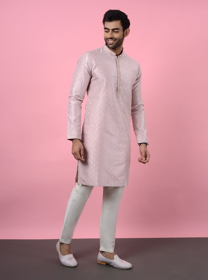 Silk jacquard pink kurta pajama for men, designed for USA festive events.