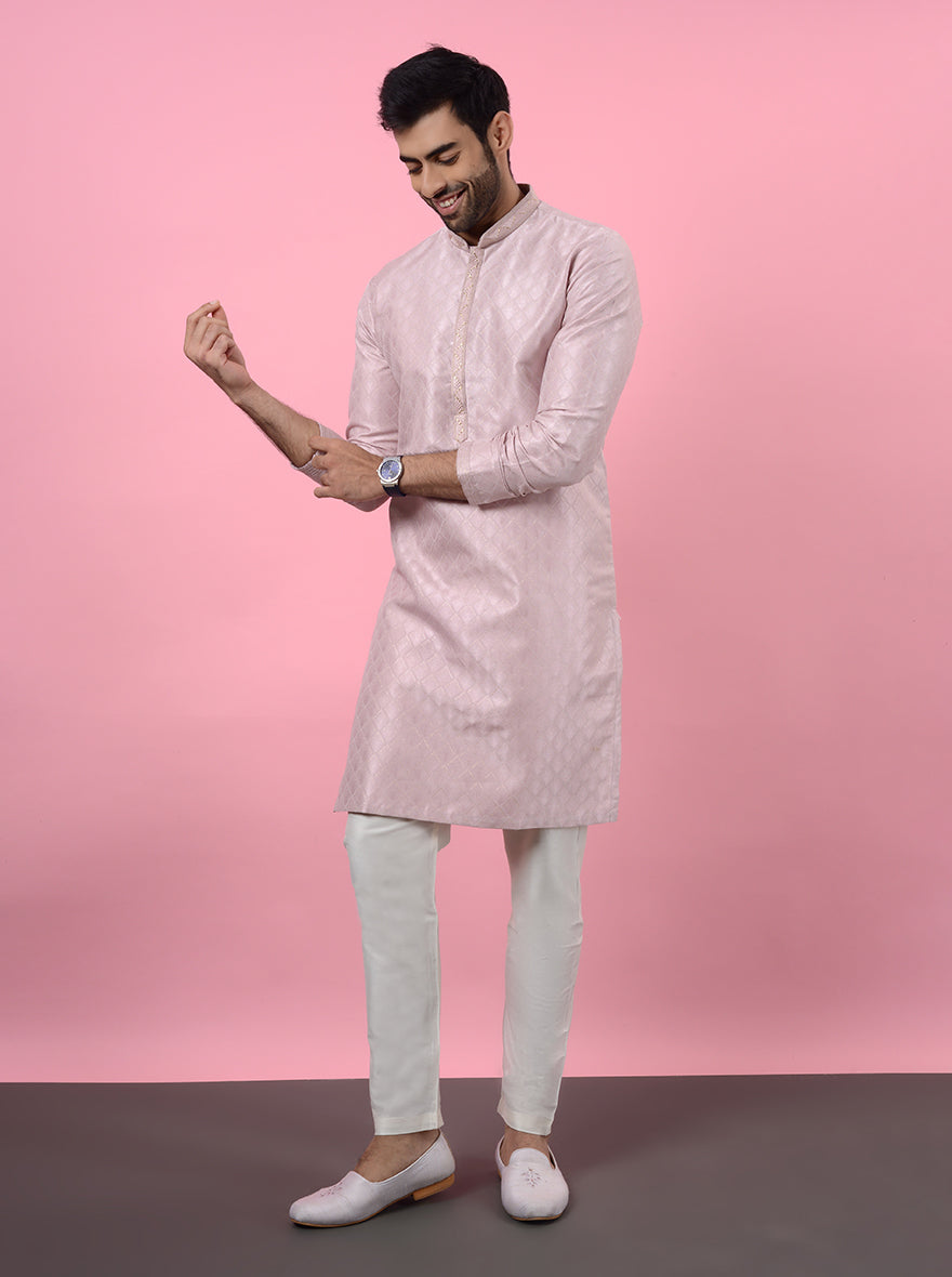 Stylish pink kurta pajama, embroidered silk jacquard for USA festive occasions.