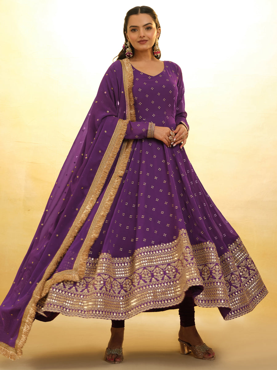 Enchanting Purple Embroidered Georgette Reception Wear Salwar Suit