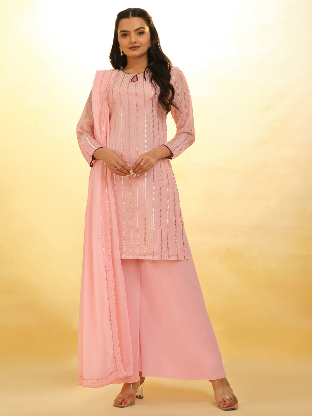 Stunning Baby Pink Sequins Georgette Festival Wear Palazzo Suit