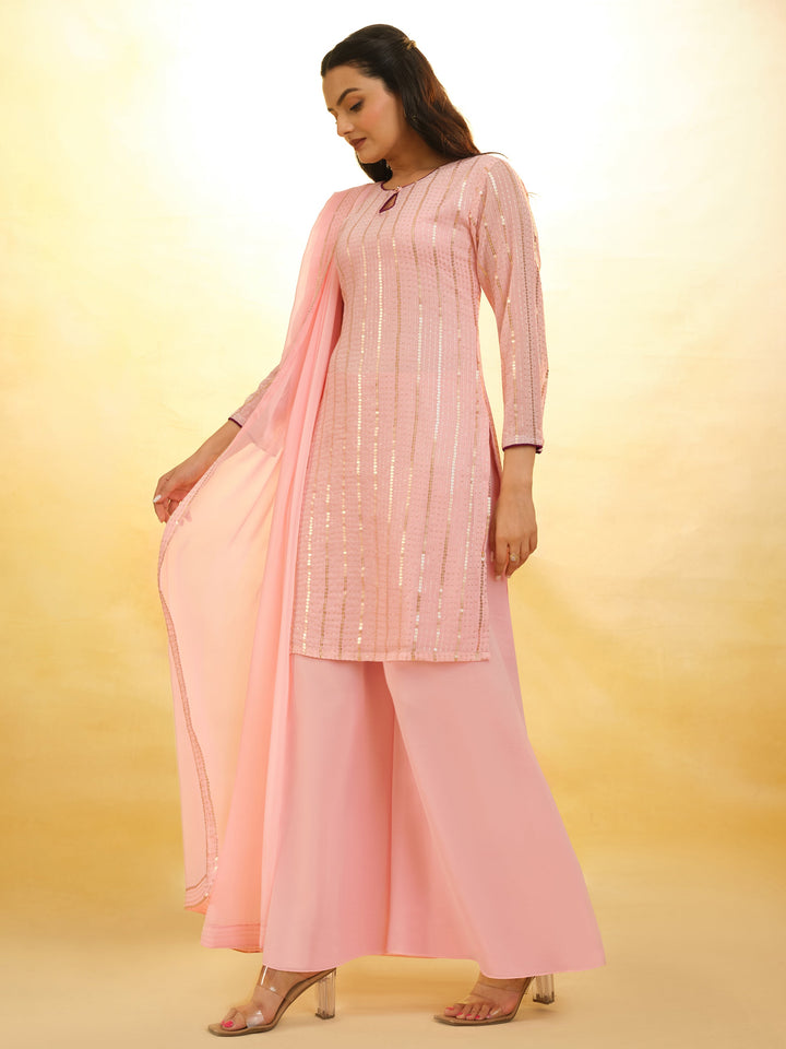 Stunning Baby Pink Sequins Georgette Festival Wear Palazzo Suit