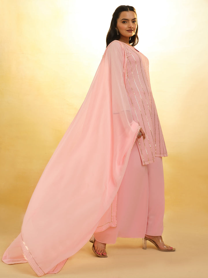 Stunning Baby Pink Sequins Georgette Festival Wear Palazzo Suit