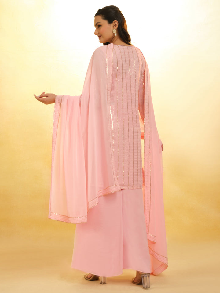 Stunning Baby Pink Sequins Georgette Festival Wear Palazzo Suit