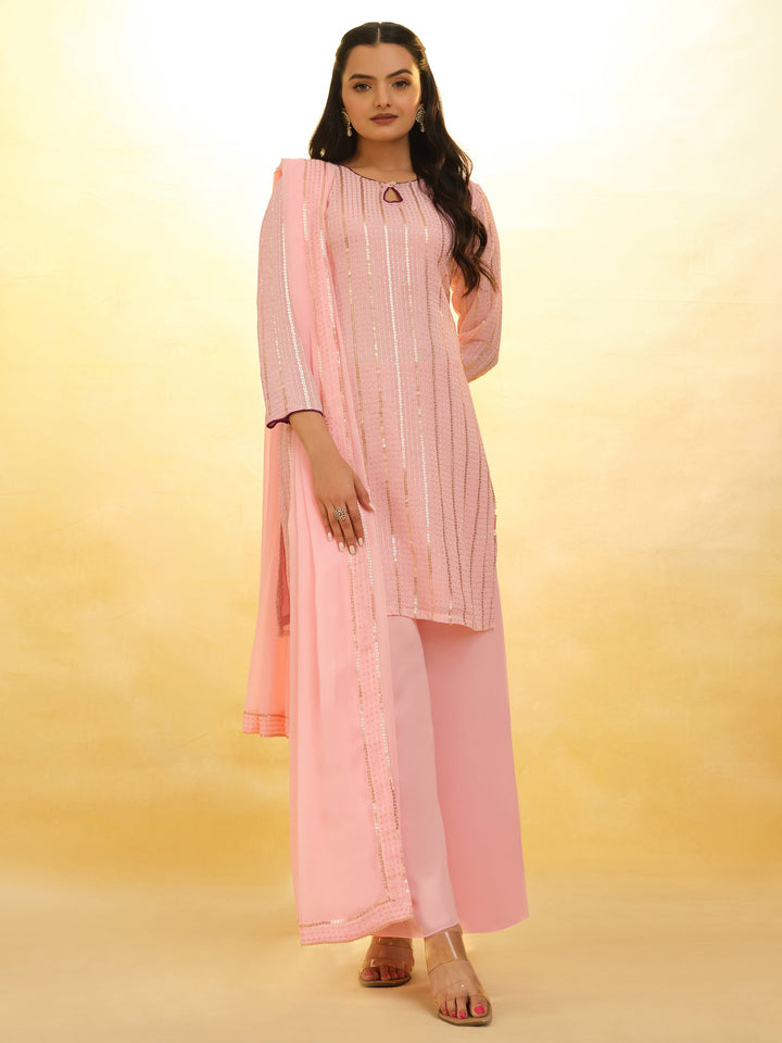 Stunning Baby Pink Sequins Georgette Festival Wear Palazzo Suit