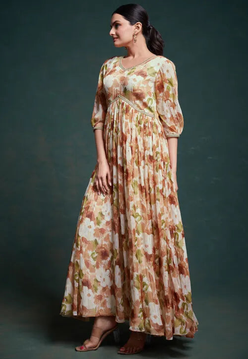 Beige Georgette Printed Party Gown | Formal Gown for Weddings