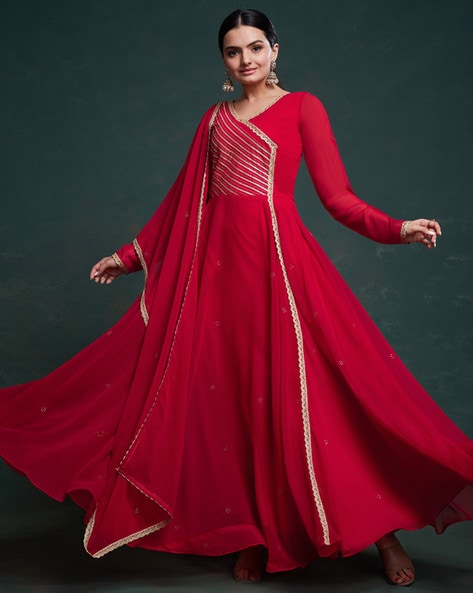 Wedding Red Gown | Solid Pleated Gown | Elegant Formal Wear Dress