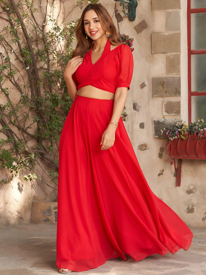 Marvelous Red Georgette Party Wear Lehenga With Designer Crop Top