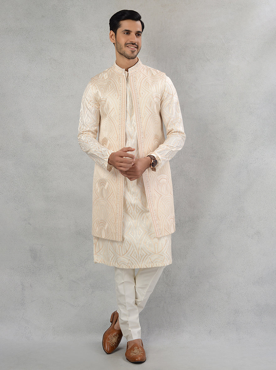 Celebrate your special day in style with this cream sherwani, combining classic elegance with modern touches, ideal for making an unforgettable impact at weddings in the USA.