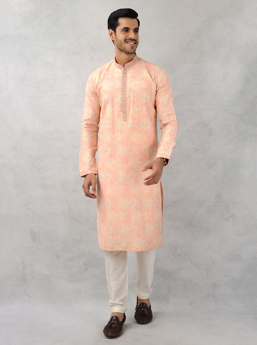 Peach Silk Blend Printed Kurta Pajama for Festive Events