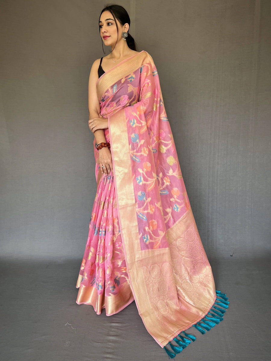 Pink silk saree crafted for elegance and style.