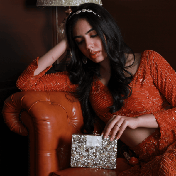 Saba Embellished Brass Clutch | Elegant Mother of Pearl and Stone Handbag