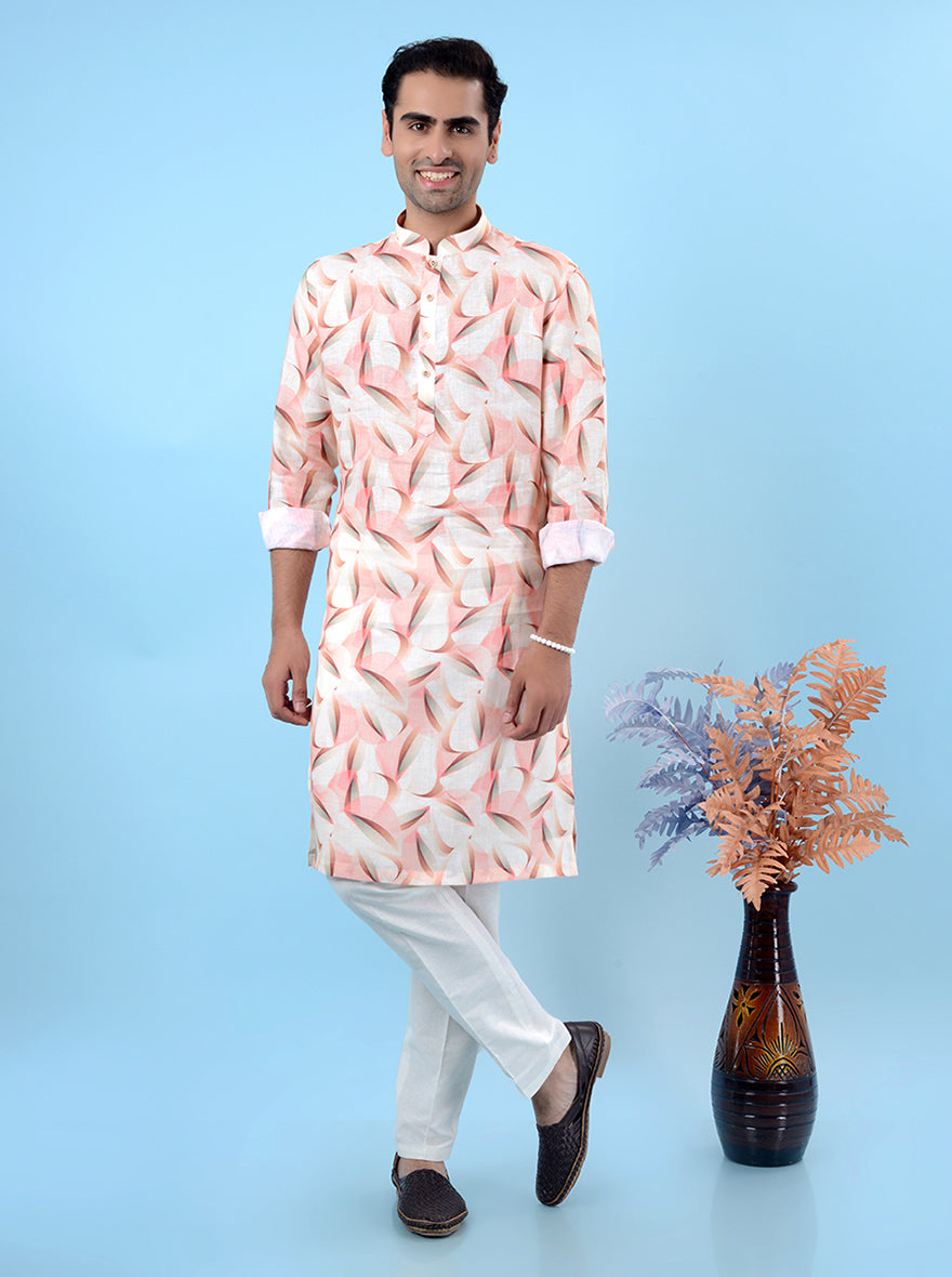 Stylish peach & beige kurta pajama, a designer men’s choice for USA traditional events.