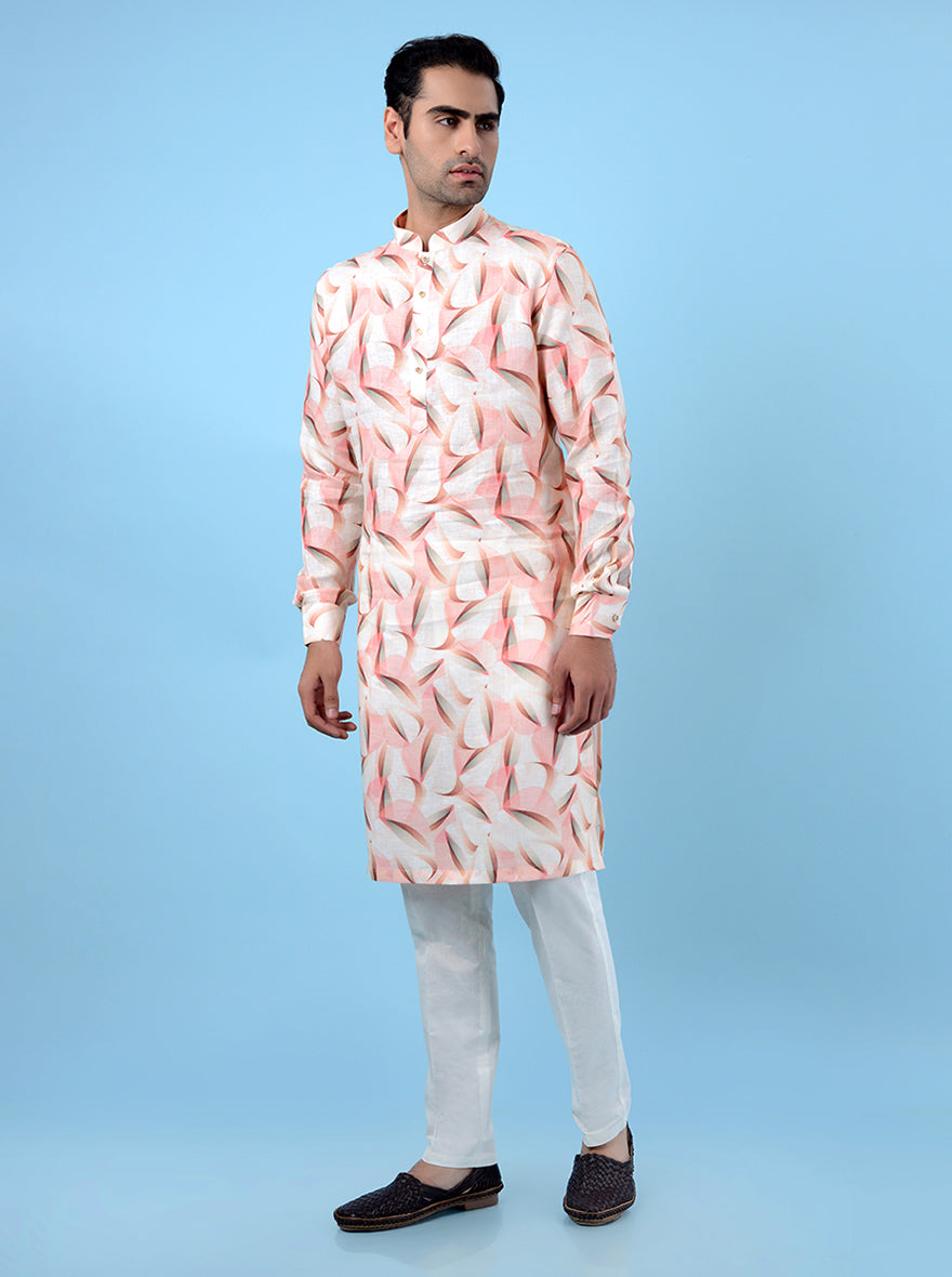 Elegant peach & beige kurta pajama, ideal for USA men at casual traditional gatherings.