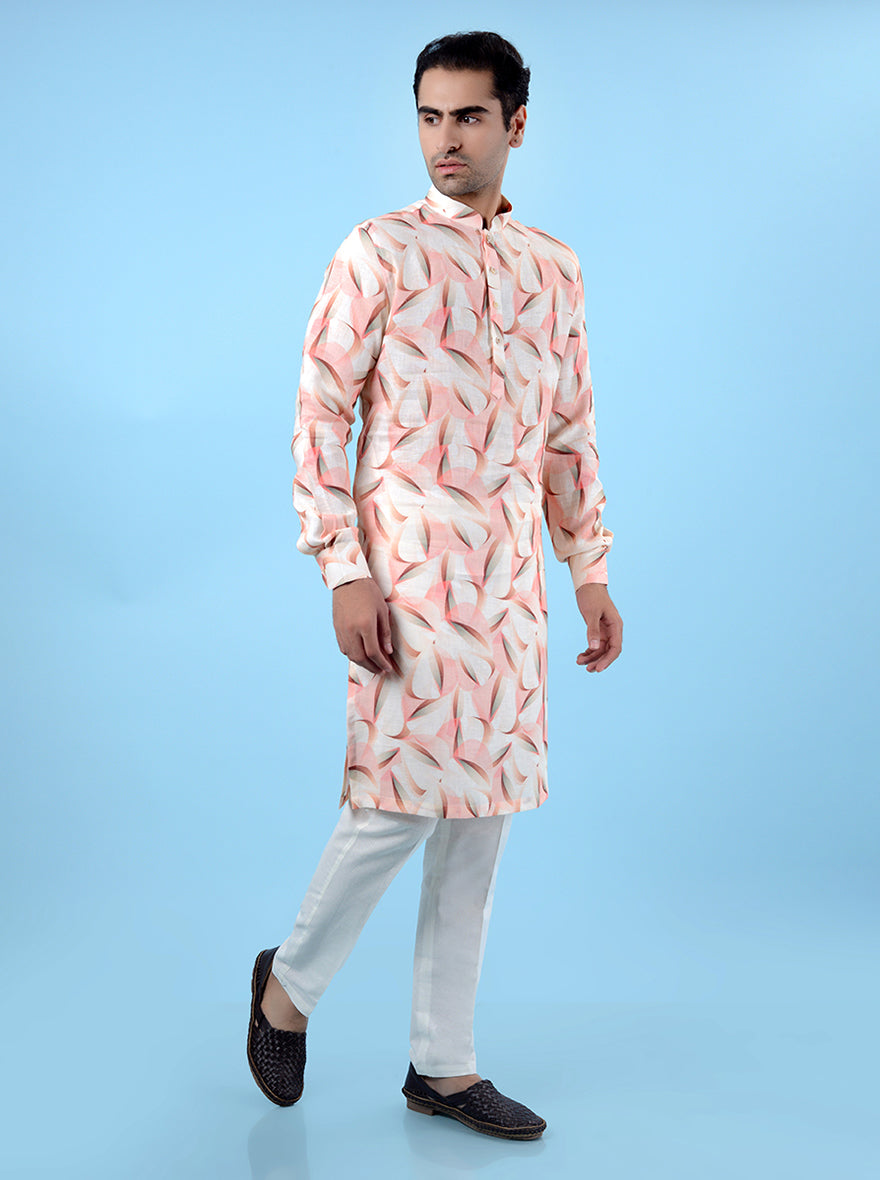 Comfortable beige kurta pajama set for men, featuring trendy prints for a stylish ethnic appearance.