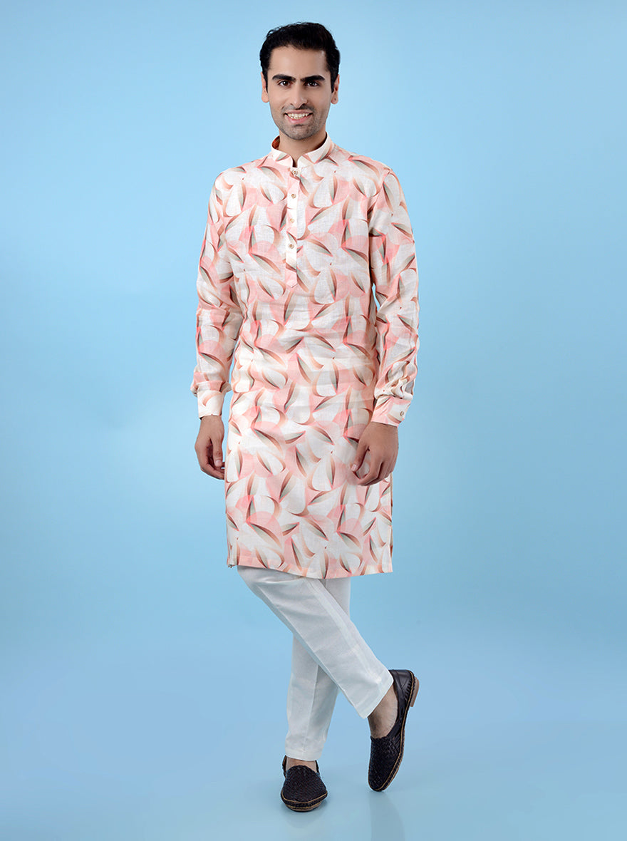 Beige printed kurta pajama for men, designed with modern prints for a fashionable ethnic look.