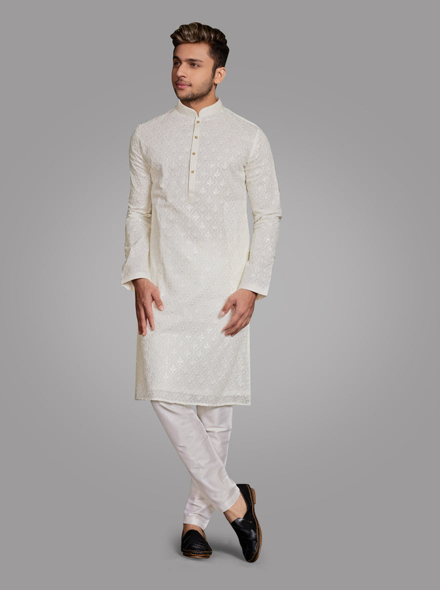 Off White Kurta Pajama for men, perfect for weddings and festive occasions, crafted from premium Georgette fabric.