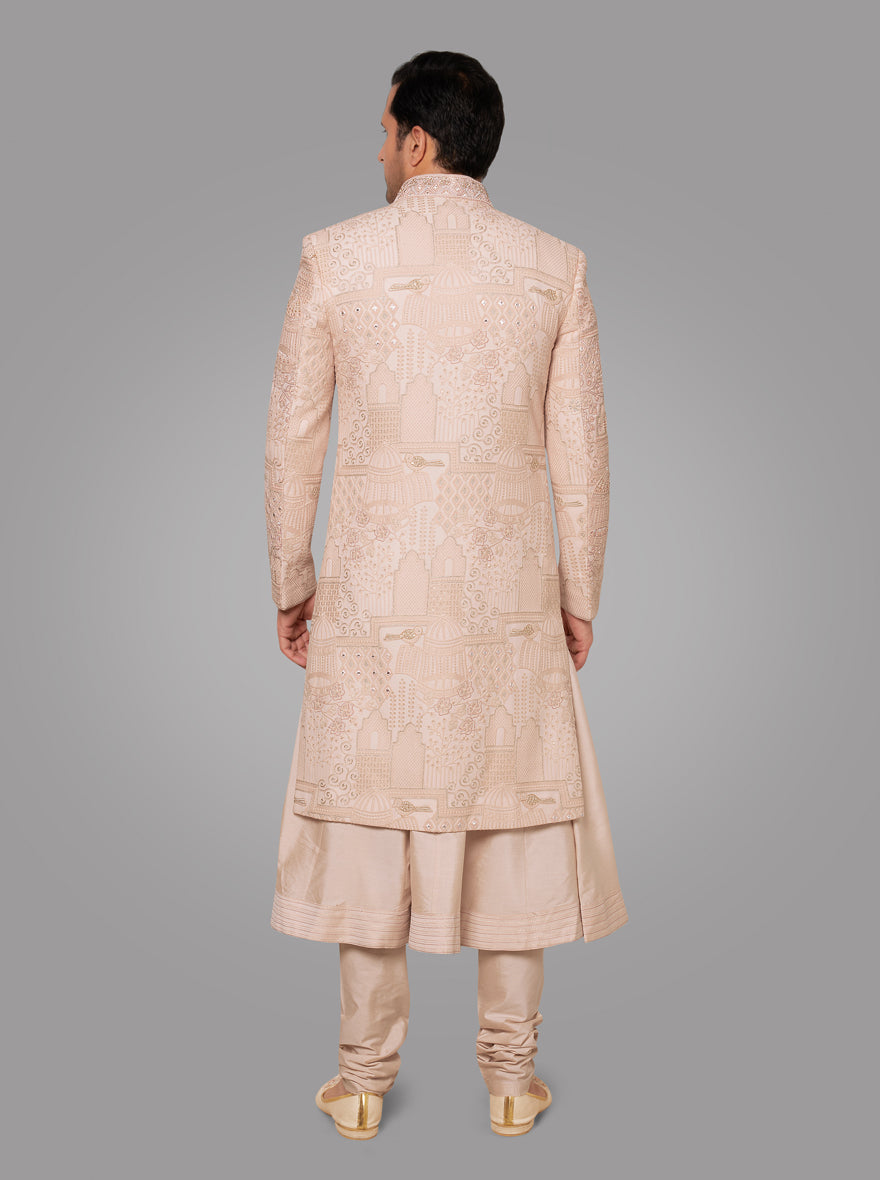 Achieve a refined look with this Onion Pink Sherwani, designed for comfort and style at your special day.