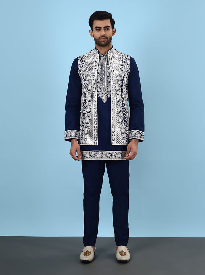 Stylish navy blue kurta with koti, designed for USA men’s engagement events.