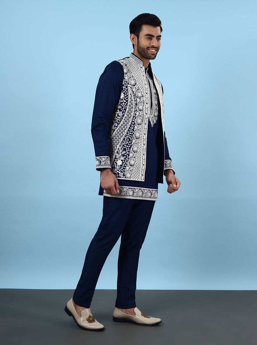 Silk blend navy blue kurta pajama with koti, ideal for USA men’s engagement.