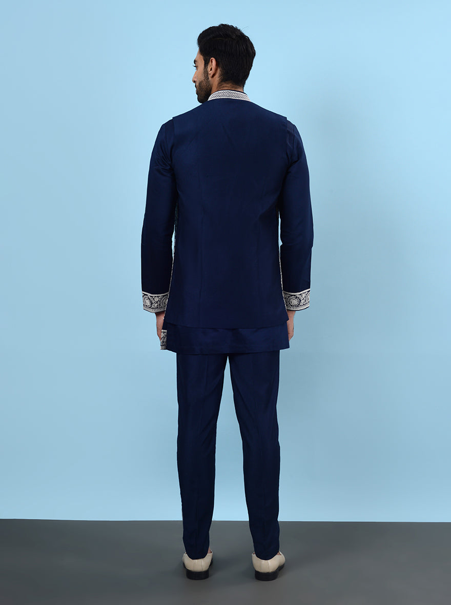 USA men’s navy blue kurta set with koti, perfect for engagement celebrations.