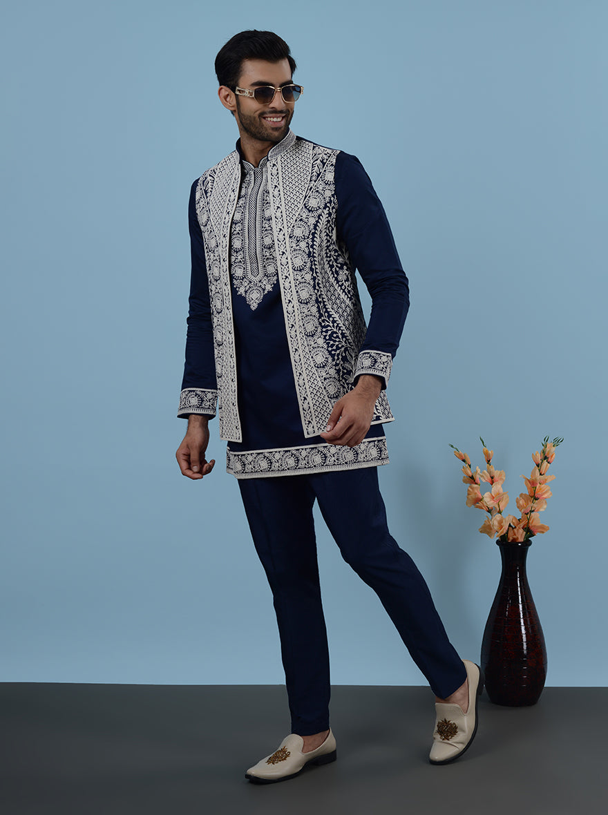 Elegant navy blue kurta set with koti, designed for USA engagement ceremonies.